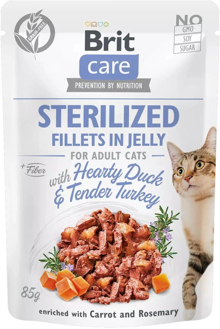 Brit Care Cat Sterilized. Fillets in Jelly with Hearty Duck & Tender Turkey 85g kapsičky pro kočky