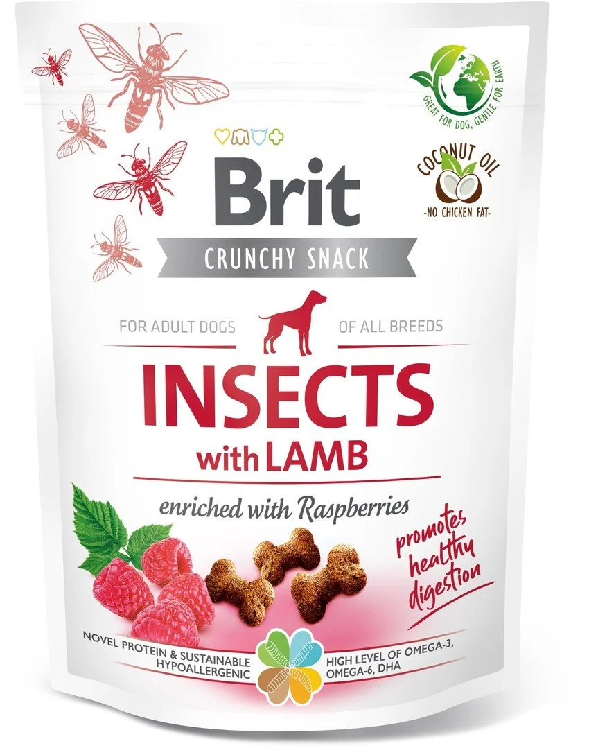 Brit Care Dog Crunchy Cracker. Hmyz s jahňacím mäsom obohatený o maliny, 200g pochúťky pre psov