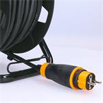 Bubnový predlžovací kábel Solight, 4 zásuvky, vonkajší, 50 m gumový kábel, 3x 1,5 mm2, IP44
