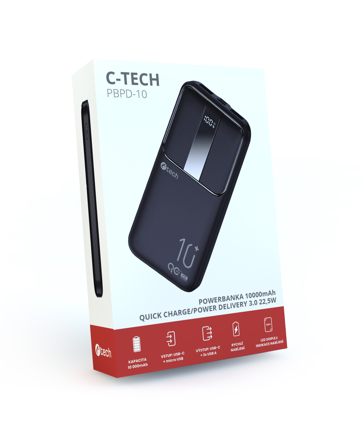 C-tech Powerbanka 10000mAh, Li-Pol, 22,5W, USB-C/USB-A/micro USB