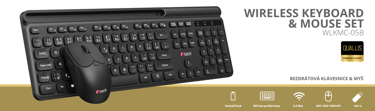 C-TECH Quallis WLKMC-05, bezdrôtová kombinovaná súprava s myšou, čierna, USB, CZ/SK