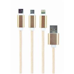 CABLEXPERT USB-A Male/microUSB + USB-C + Lightning, 1m, opletený, zlatý