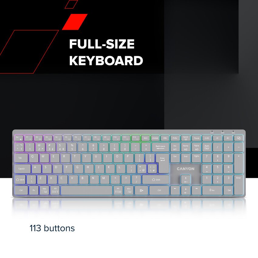 CANYON bezdrátová klávesnice HKB-W11 EN/CS RGB šedá