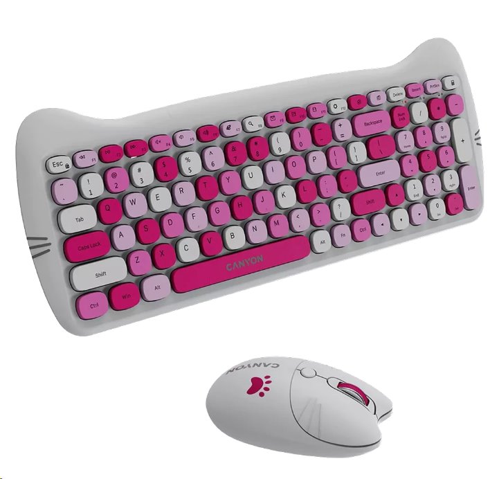 CANYON Kitty edition HSET-W6, bezdrôtová klávesnica SET + optická myš + ochranné puzdro + podložka, ružová