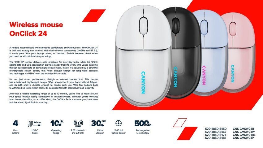 CANYON mouse OnClick 24 BT/ Wireless Transparent/Blue