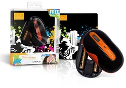 CANYON myš laserová bezdrátová USB černo-oranžová, 3tl. 800/1600dpi, podložka