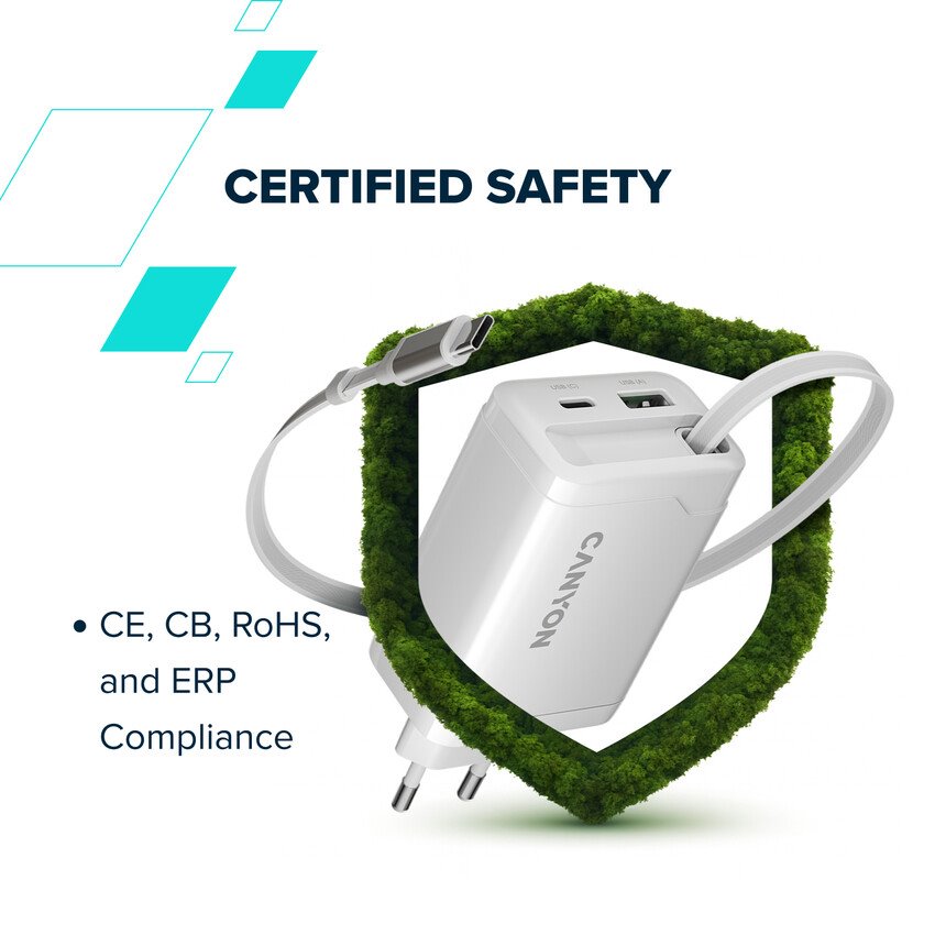 CANYON OnCharge 65RC Build-In Cable USB-C 65W 1xPD 1xQC EU Black nabíječka