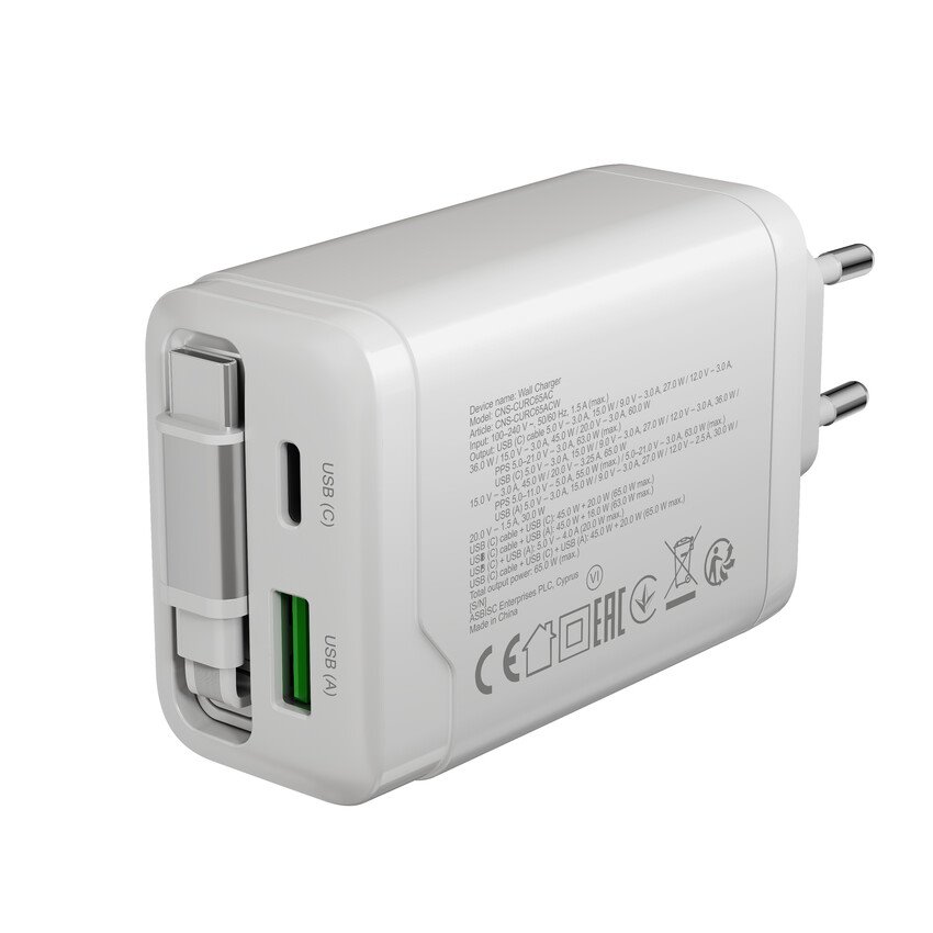 CANYON OnCharge 65RC Zabudovaný kábel USB-C 65W 1xPD 1xQC EU Biela nabíjačka
