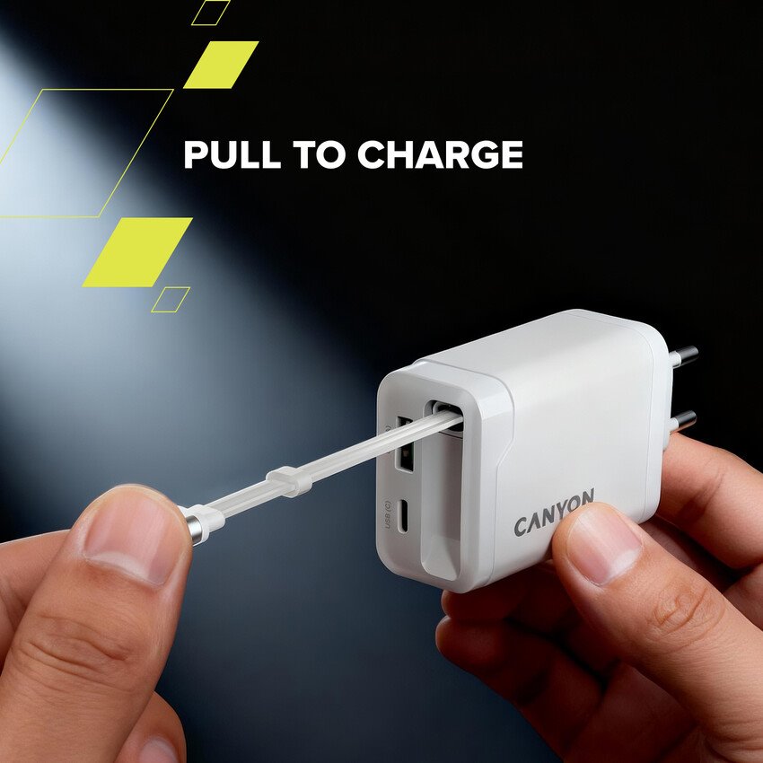 CANYON OnCharge 65RC Zabudovaný kábel USB-C 65W 1xPD 1xQC EU Biela nabíjačka