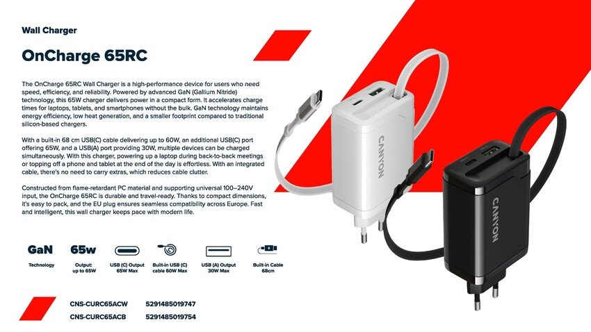 CANYON OnCharge 65RC Zabudovaný kábel USB-C 65W 1xPD 1xQC EU Biela nabíjačka