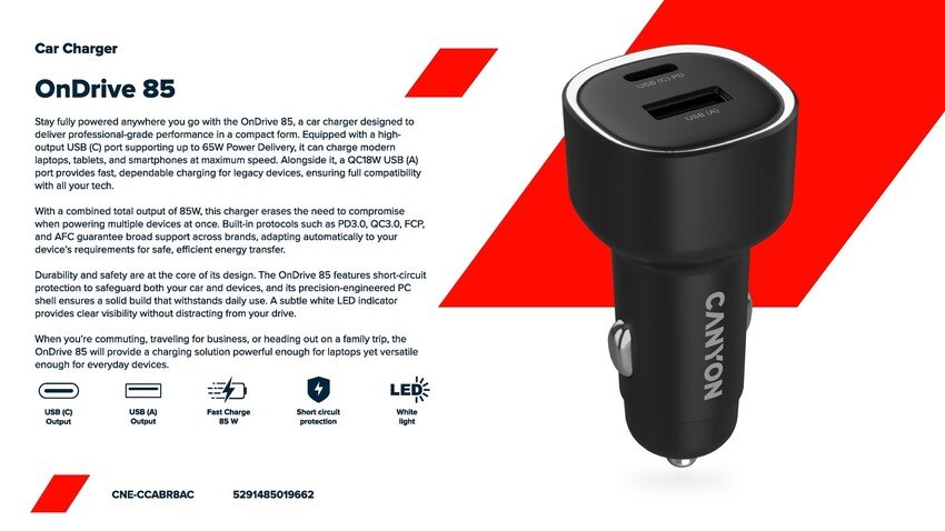 CANYON OnDrive 85 PD 83W USB-A+USB-C Black nabíječka do auta