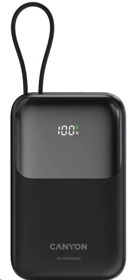 CANYON Power Bank PB-101, 10000mAh PD22,5W so zabudovaným káblom, čierna