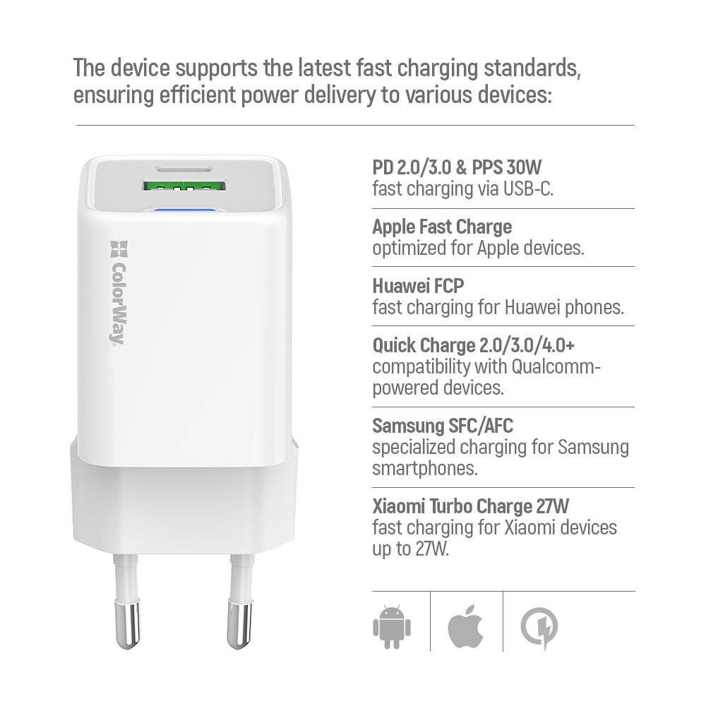 ColorWay 1x USB-C/ sieťová nabíjačka/ GaN/ PD/ PPS/ QC/ 30W/ biela