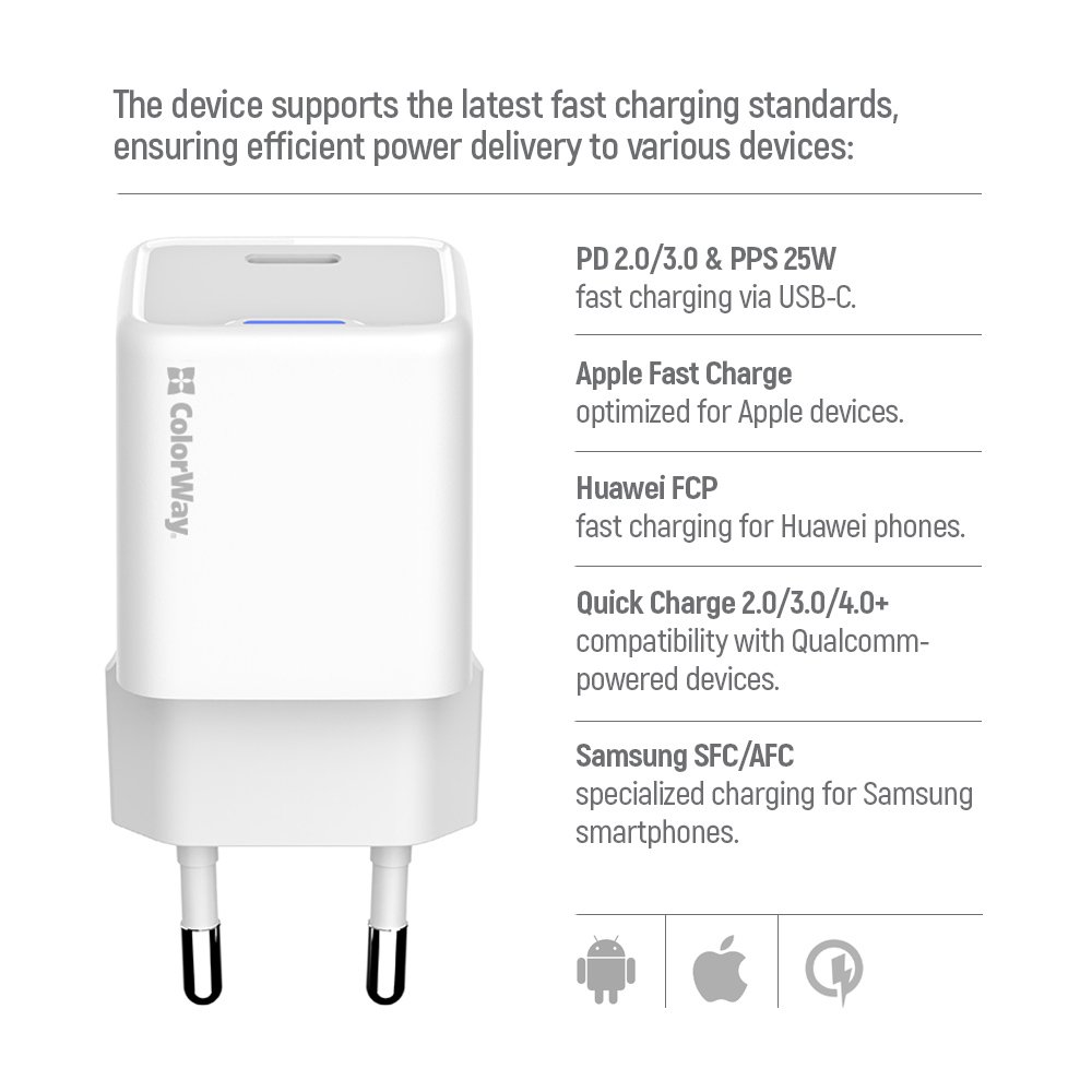 ColorWay 1x USB-C/ síťová nabíječka/ GaN/ PD/ PPS/ 25W, Bílá