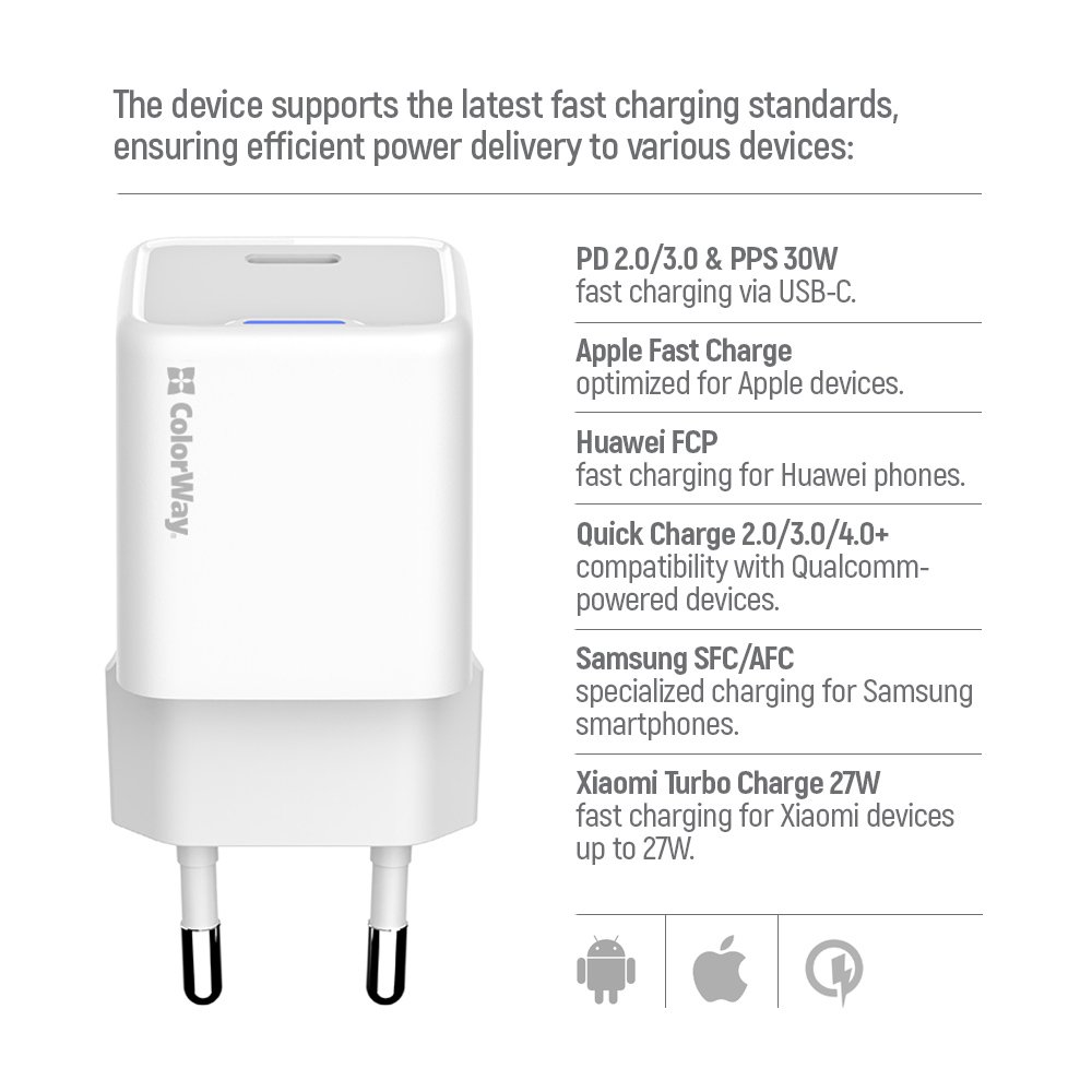 ColorWay 1x USB-C/ síťová nabíječka/ GaN/ PD/ PPS/ 30W, Bílá