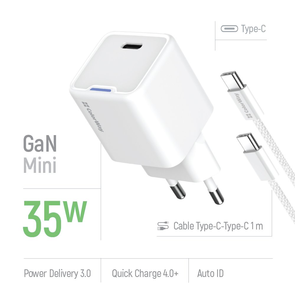 ColorWay 1x USB-C/ síťová nabíječka/ GaN/ PD/ PPS/ 35W, Bílá
