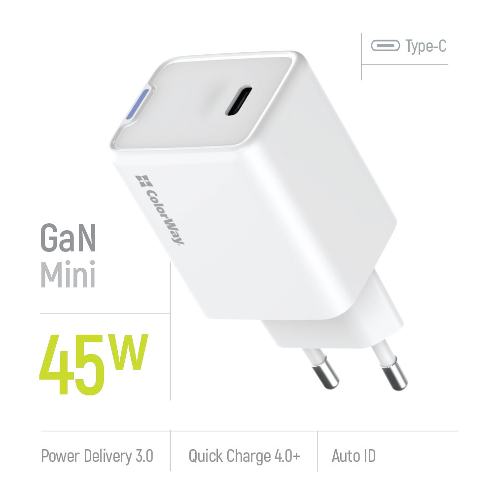 ColorWay 1x USB-C/ síťová nabíječka/ GaN/ PD/ PPS/ 45W/ Bílá