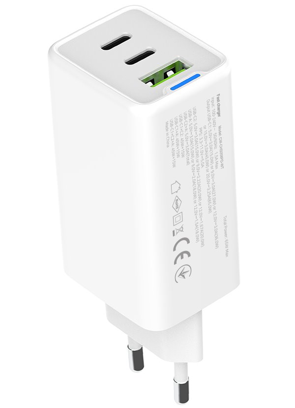 ColorWay 2x USB-C, 1x USB-A/ Sieťová nabíjačka/ GaN/ PD/ PPS/ 65W/ Biela
