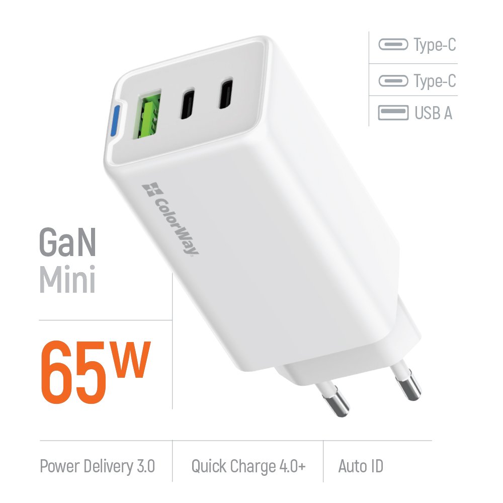 ColorWay 2x USB-C, 1x USB-A/ Sieťová nabíjačka/ GaN/ PD/ PPS/ 65W/ Biela