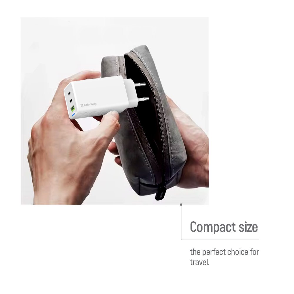 ColorWay 2x USB-C, 1x USB-A/ Sieťová nabíjačka/ GaN/ PD/ PPS/ 65W/ Biela