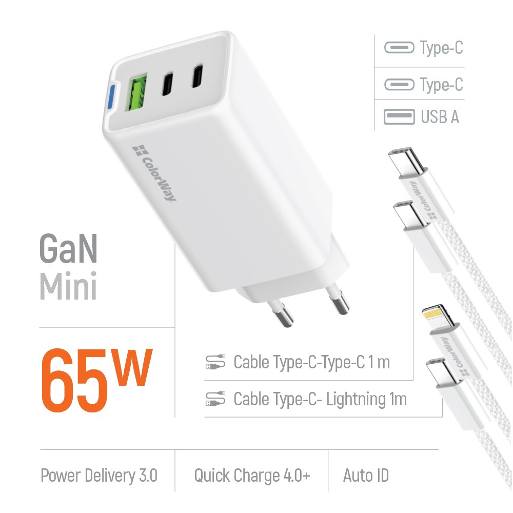 ColorWay 2x USB-C, 1x USB-A/ síťová nabíječka/ GaN/ PD/ PPS/ 65W, Bílá