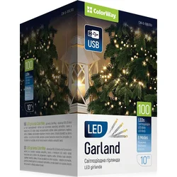 ColorWay LED řetěz/ vnitřní / 100 LED / délka 10m / teplá bílá/ 8 funkcí/ napájení USB