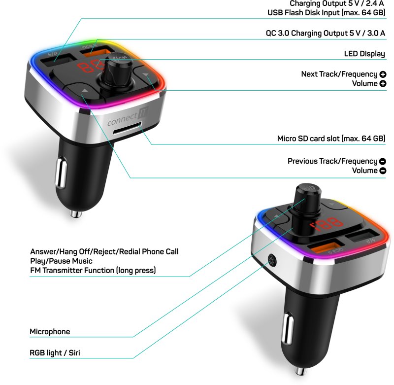 CONNECT IT CarRGB Bezdrôtový FM vysielač, 2xUSB+MicroSD, STRIEBORNÝ