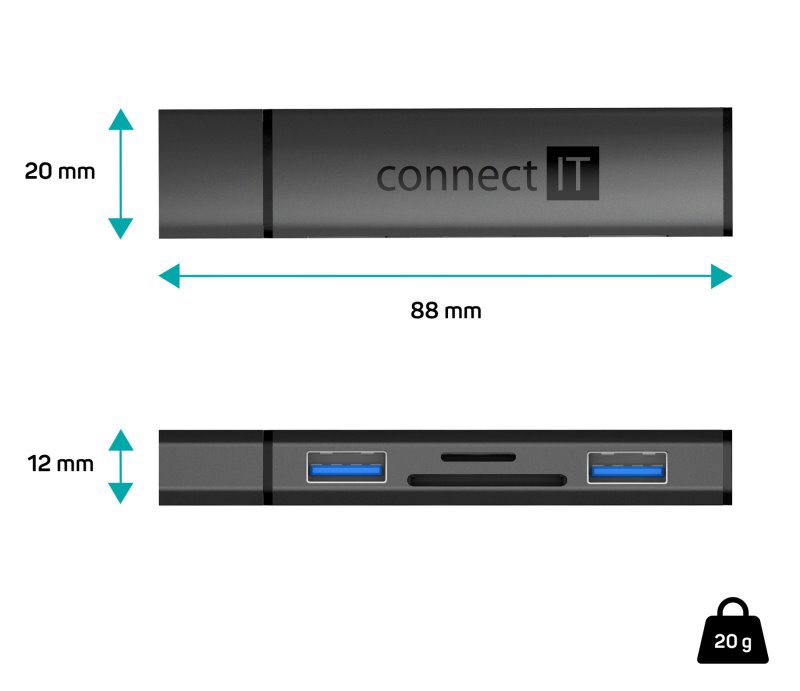 CONNECT IT COMPACT 4v1 USB-A hub + čítačka kariet