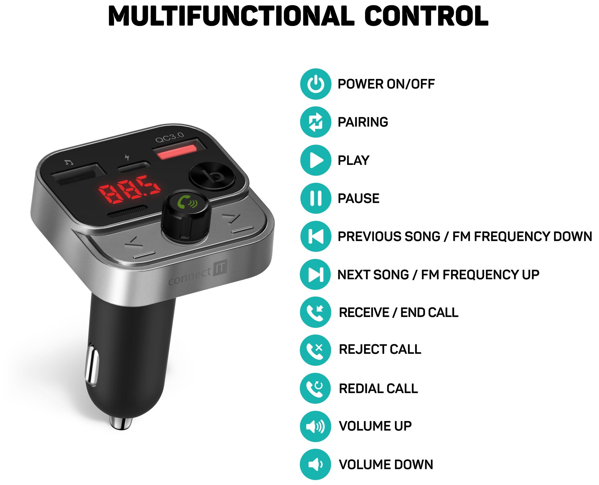 CONNECT IT InCarz Bezdrôtový FM vysielač, 2x USB-A + 1x USB-C, ANTRACITE