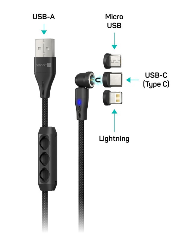 CONNECT IT Magnetický kábel PowerLink 3v1 (USB-C/Lightning/MicroUSB), 2 m