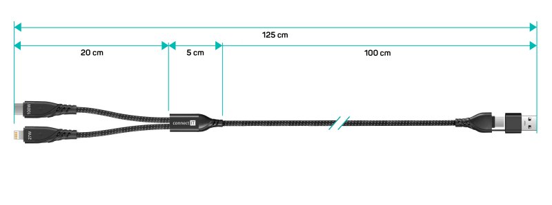 CONNECT IT Wirez 4v1 1x USB-C, 1x Lightning, 1,25 m, ČIERNA