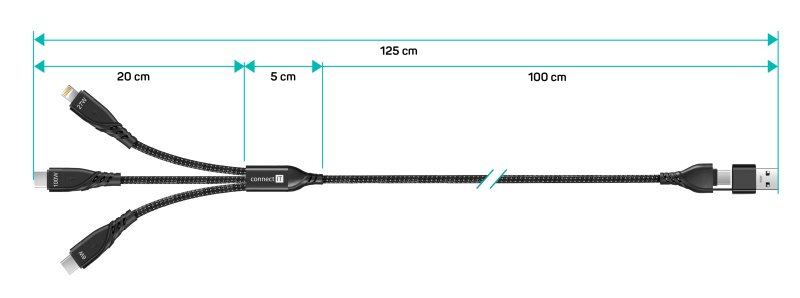 CONNECT IT Wirez 6v1 2x USB-C, 1x Lightning, 1,25 m, ČIERNA