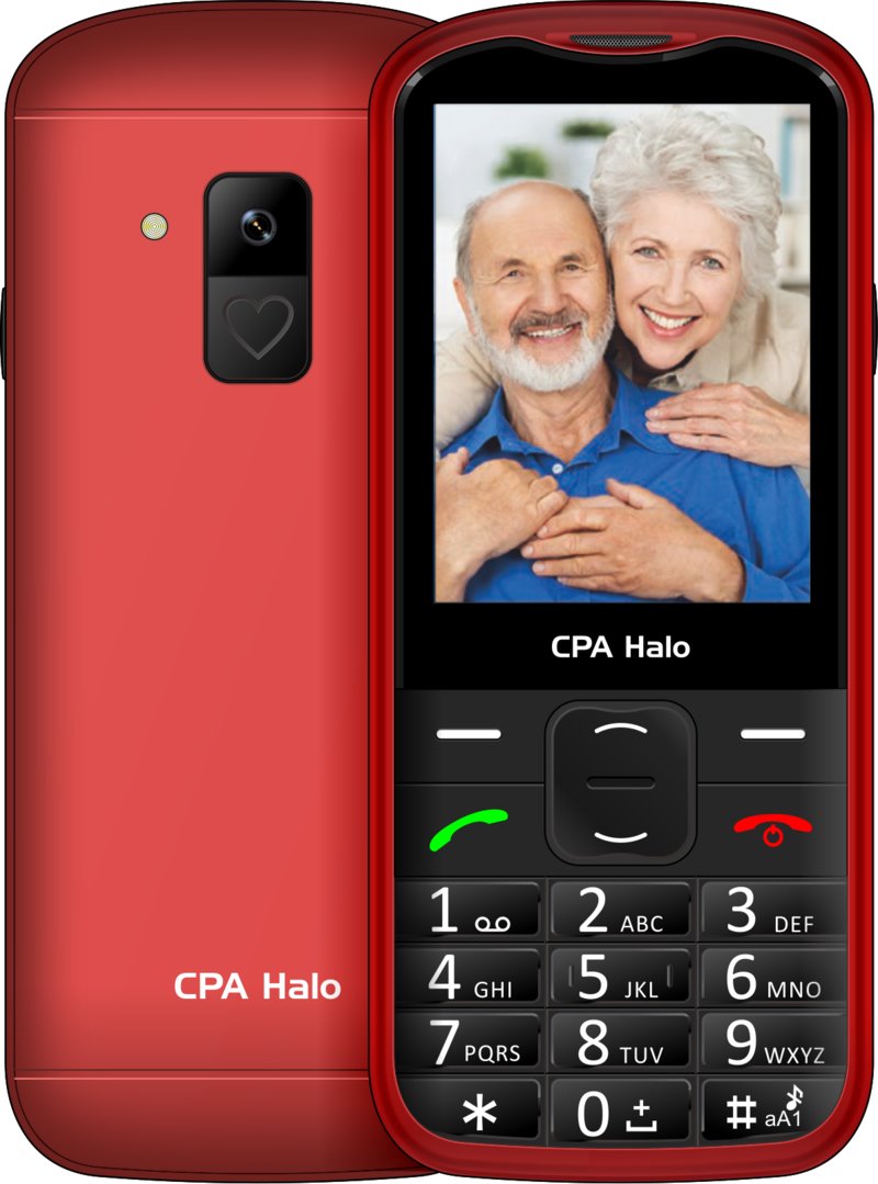 CPA Halo 28 Senior červený telefón s nabíjacím stojanom