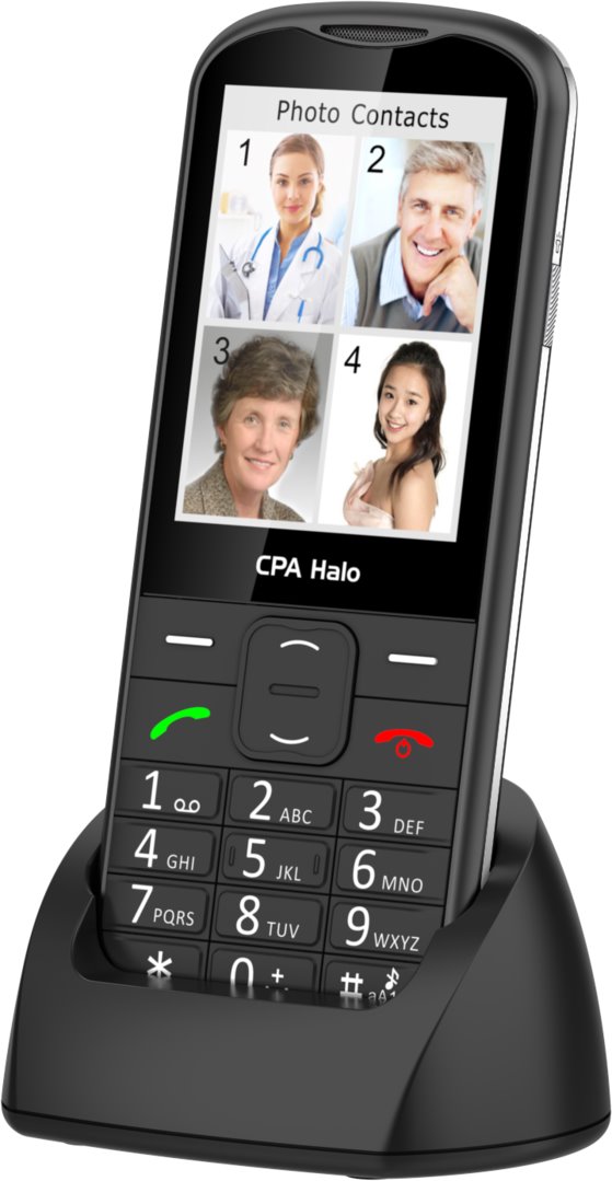 CPA Halo 28 Senior čierny telefón s nabíjacím stojanom