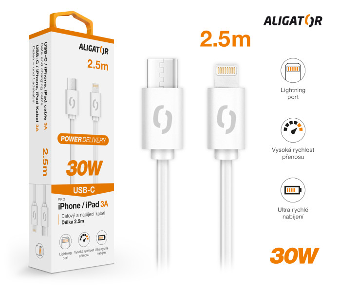 Dátový kábel ALIGATOR POWER 30W, USB-C/Lightning 3A, 2,5 m biely