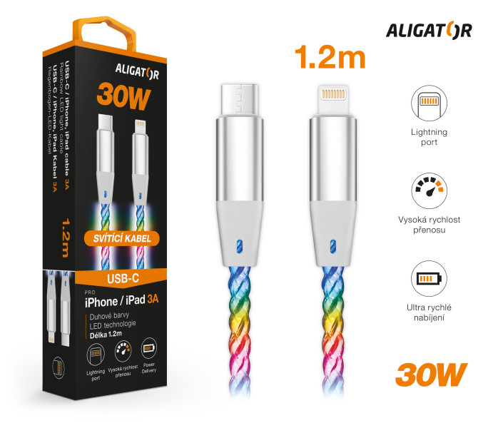 Dátový kábel ALIGATOR POWER 3A 30W, USB-C/Lightning, 1,2 m svetelný