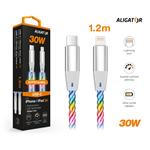 Dátový kábel ALIGATOR POWER 3A 30W, USB-C/Lightning, 1,2 m svetelný