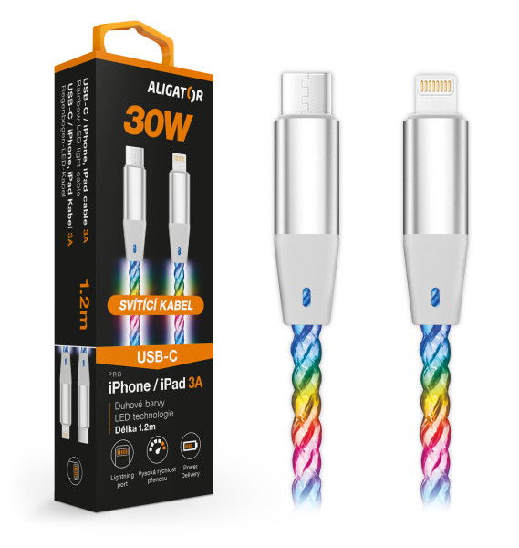 Dátový kábel ALIGATOR POWER 3A 30W, USB-C/Lightning, 1,2 m svetelný
