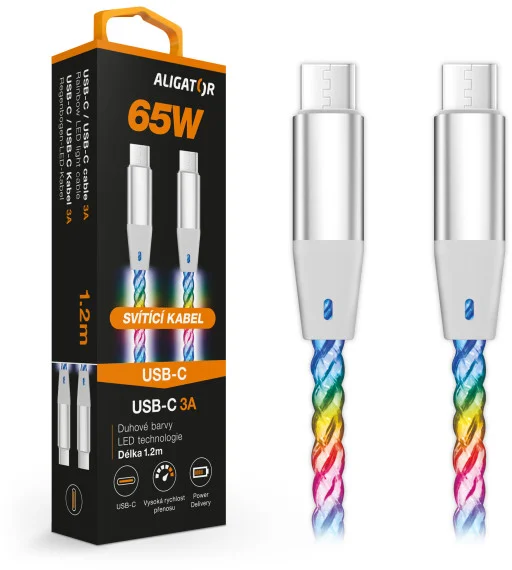 Dátový kábel ALIGATOR POWER 3A 65W, USB-C/USB-C, 1,2 m svetelný