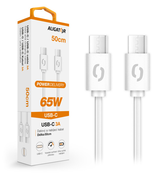 Dátový kábel ALIGATOR POWER 65W, USB-C/USB-C 3A, 0,5m biely