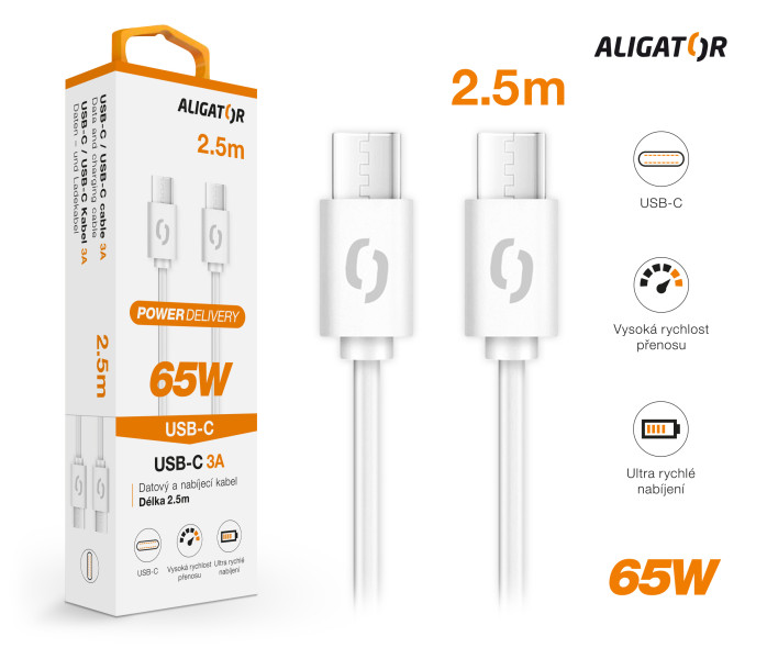 Dátový kábel ALIGATOR POWER 65W, USB-C/USB-C 3A, 2,5 m biely