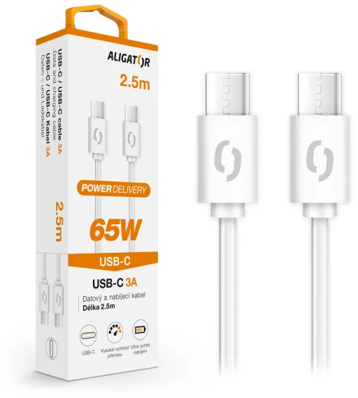 Dátový kábel ALIGATOR POWER 65W, USB-C/USB-C 3A, 2,5 m biely