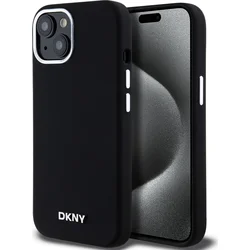 DKNY Liquid Silicone Silver Metal Logo Magsafe zadný kryt pre iPhone 15 Black