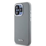 DKNY Liquid Silicone Silver Metal Logo Magsafe zadný kryt pre iPhone 15 Pro Grey