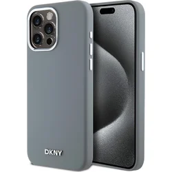 DKNY Liquid Silicone Silver Metal Logo Magsafe zadný kryt pre iPhone 15 Pro Max Grey