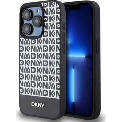 DKNY PU kožený zadný kryt MagSafe s opakovaným vzorom pre iPhone 13 Pro Black