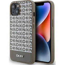 DKNY PU kožený zadný kryt MagSafe s opakujúcim sa vzorom na spodnej strane pre iPhone 15 Brown