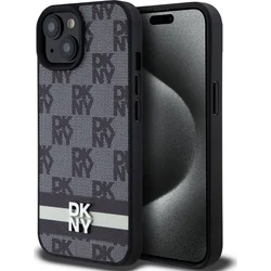 DKNY PU kožený zadný kryt s károvaným vzorom a pruhmi pre iPhone 15 Black