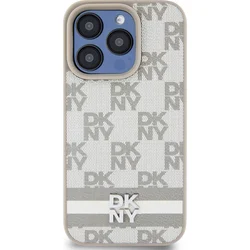 DKNY PU kožený zadný kryt s kockovaným vzorom a pruhmi pre iPhone 12/12 Pro Beige