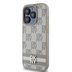 DKNY PU kožený zadný kryt s kockovaným vzorom a pruhmi pre iPhone 13 Pro Max Beige